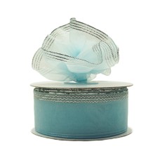 1.5 Inch Lt. Blue Organza Pull Bow Ribbon With 4 Rows of Silver Stripe Accents, 25 Yards (Lot of 1 Spool) SALE ITEM